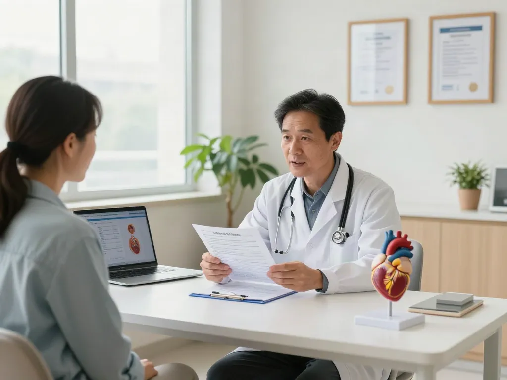 Heart failure treatment consultation with doctor and patient in a warm hospital setting