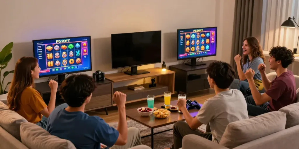Friends enjoying a lively gaming session, celebrating wins on a slot server thailand screen.
