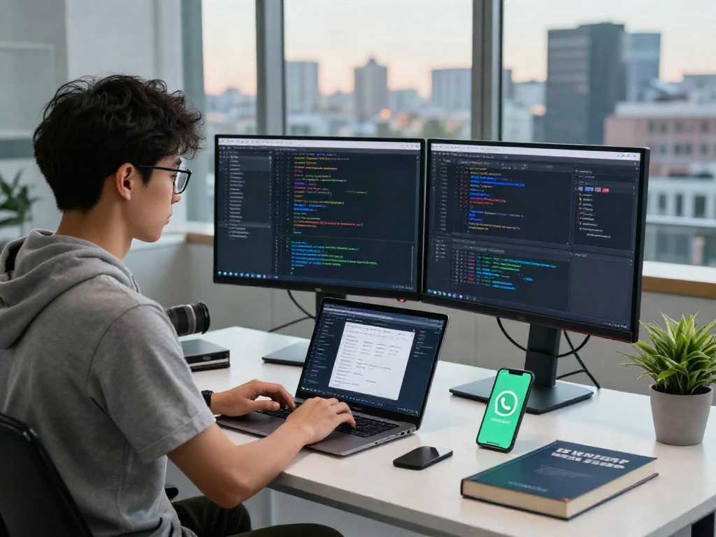 A mobile app developer coding on gb whatsapp apk in a vibrant workspace.