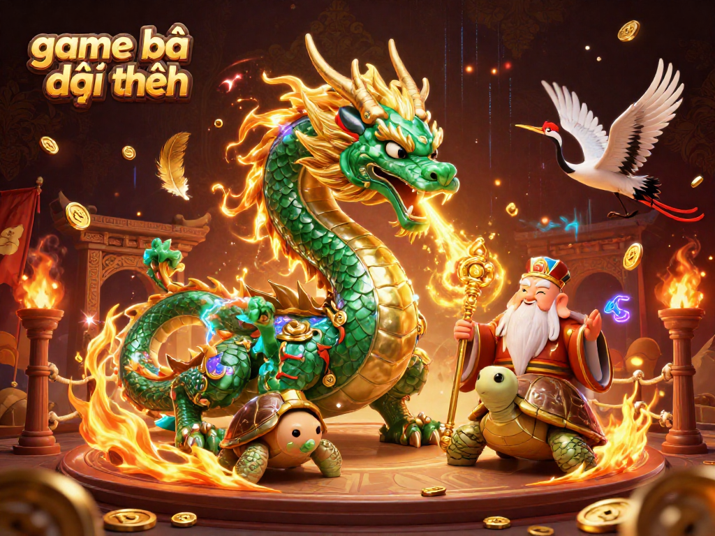 Engage in game bài đổi thưởng with vibrant 3D visual featuring dragons and lucky cranes.