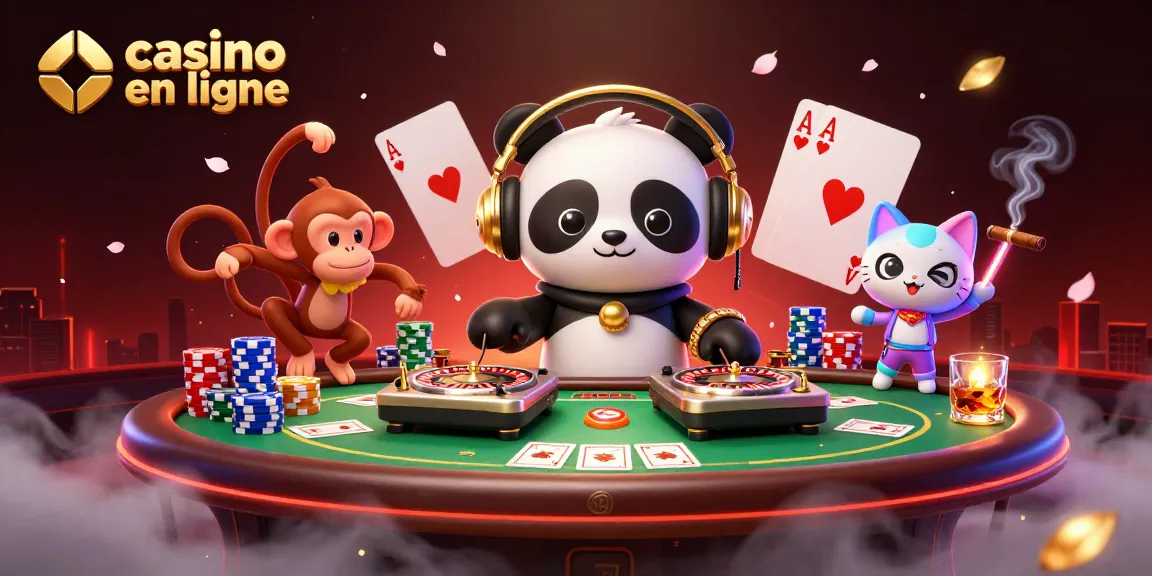 Un DJ panda et un singe dansent dans une scène de jeu de casino en ligne dynamique et colorée.