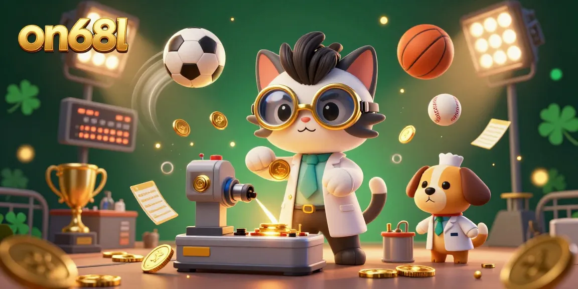 Experience thrilling gaming action at on68l with a dynamic 3D illustration showcasing a mad scientist cat and golden trophies.