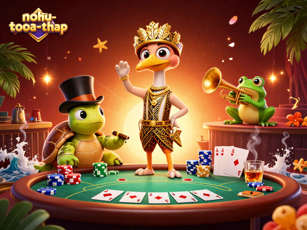 Spin to win on nohu-toa-thap in a vibrant casino scene full of colorful poker elements.