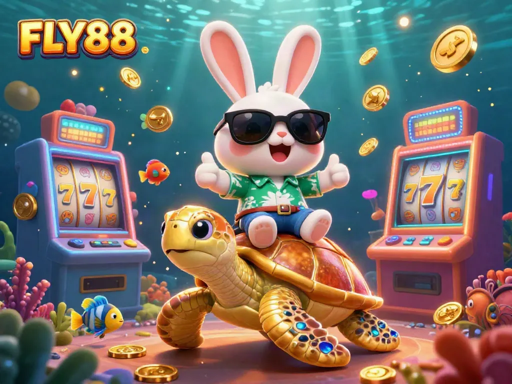 FLY88 invites players to join the thrilling slot adventure with a lucky rabbit and sea turtle.