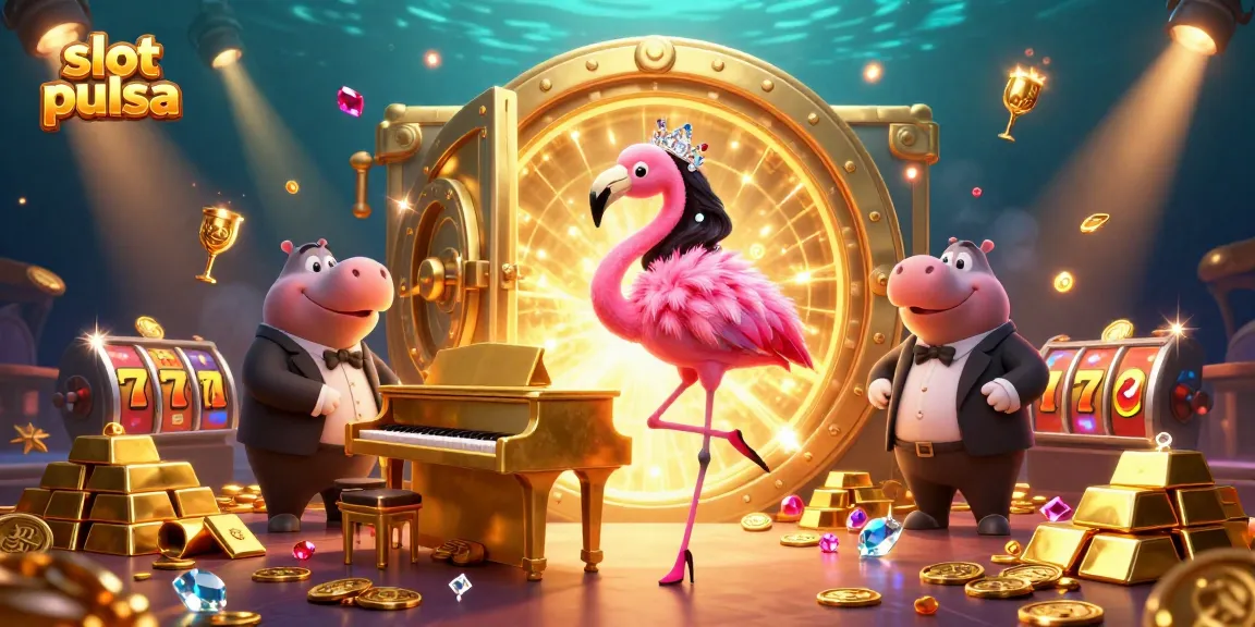 Play slots pulsa with vivid gold treasures and lively characters in this colorful casino scene.