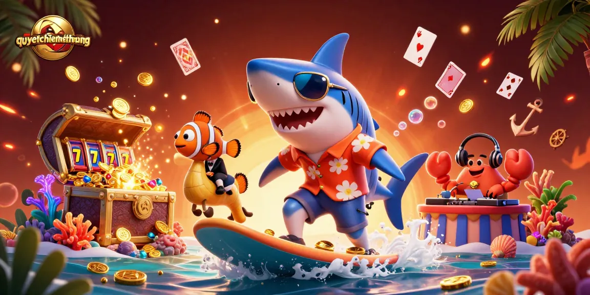 Surf the golden wave of coins in quyetchientienthuong, featuring a vibrant underwater casino scene with exclusive jackpot elements.