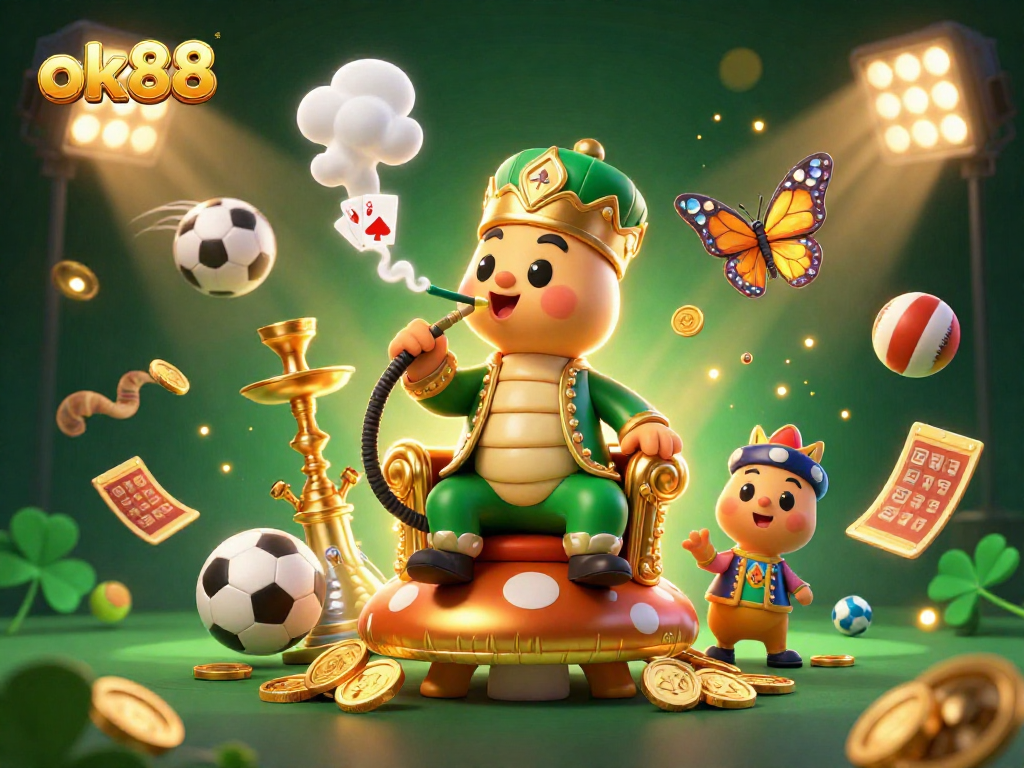 Engage in thrilling gaming excitement at ok88 with a vibrant scene of a caterpillar hookah-master and dynamic sports betting elements.