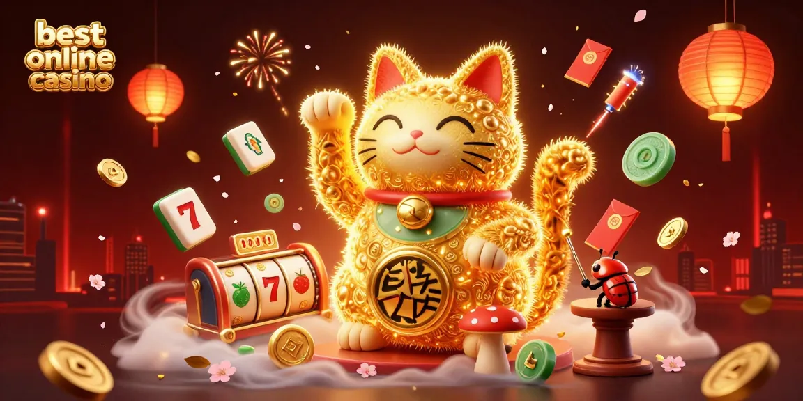 Experience the best online casino with a vibrant 3D illustration showcasing a lucky cat and engaging casino elements.