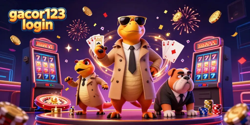 Experience the excitement of gacor123 login with raptors attempting to enter a casino while coins and gems fly around.