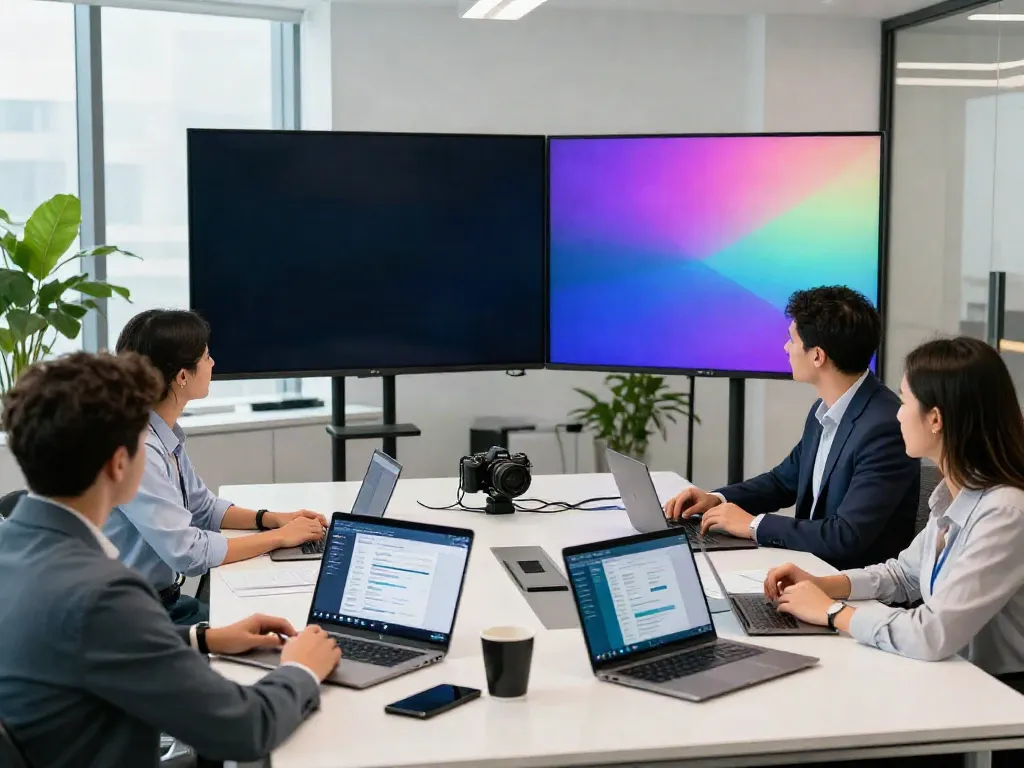 Deepfake free meetings discussion in a modern corporate setting with a diverse team.
