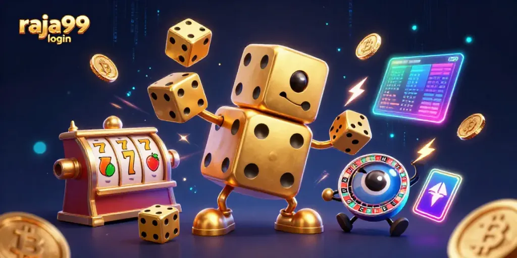 Experience the excitement of raja99 login with this vibrant casino-themed illustration showcasing dynamic game elements.