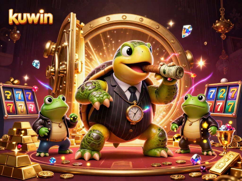 Experience thrilling kuwin adventures with a cartoon turtle mobster and froggy enforcers in a lively casino scene.