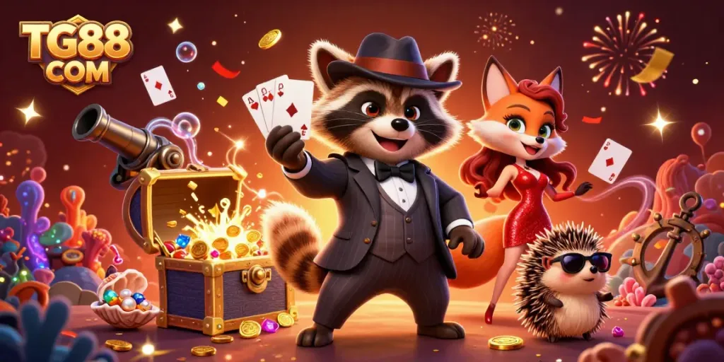 Win big with TG88 COM as charming characters celebrate in a vibrant casino-themed scene