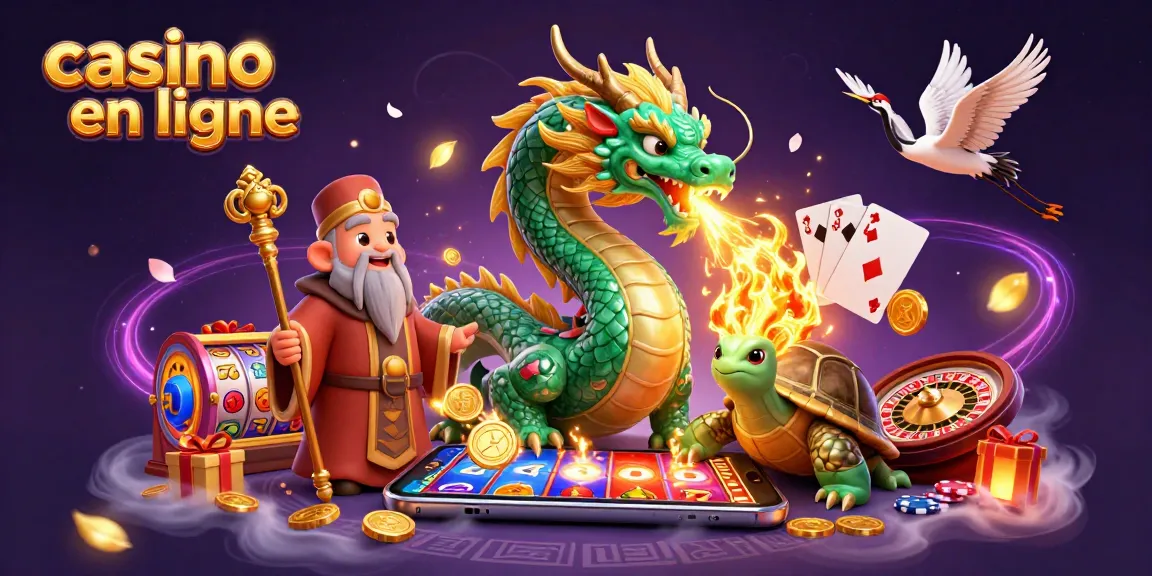 Jouer au casino en ligne avec un dragon jade, un sage, et des symboles de chance.