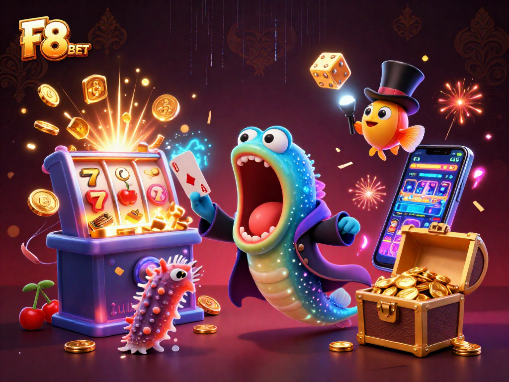Experience the thrill of F8 BET as an eel performs magic, surrounded by vibrant casino elements.