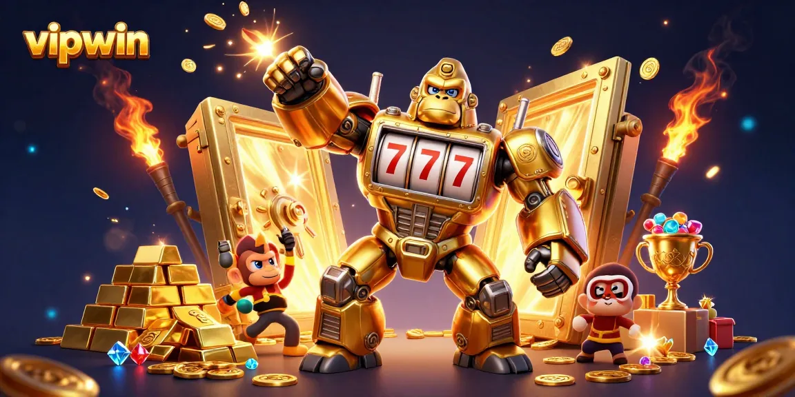 Experience exciting wins at vipwin in this vibrant 3D casino scene featuring a golden gorilla mech!
