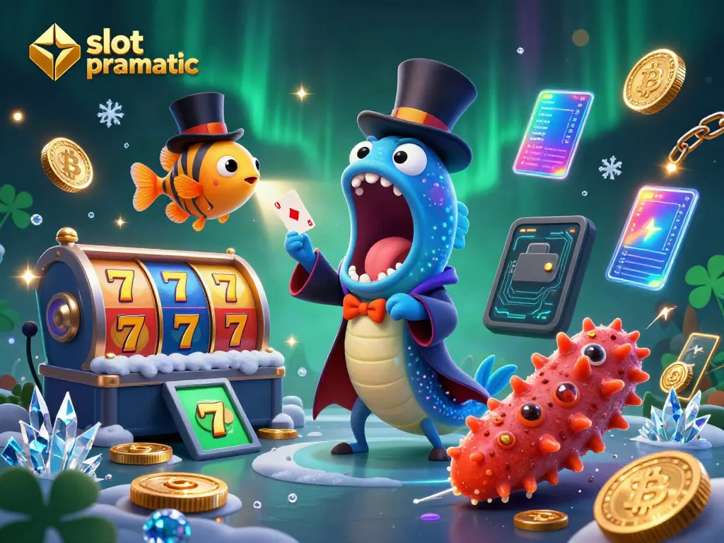 Menangkan slot pragmatic dengan gulper eel beraksi, dikelilingi koin Bitcoin dan simbol jackpot.