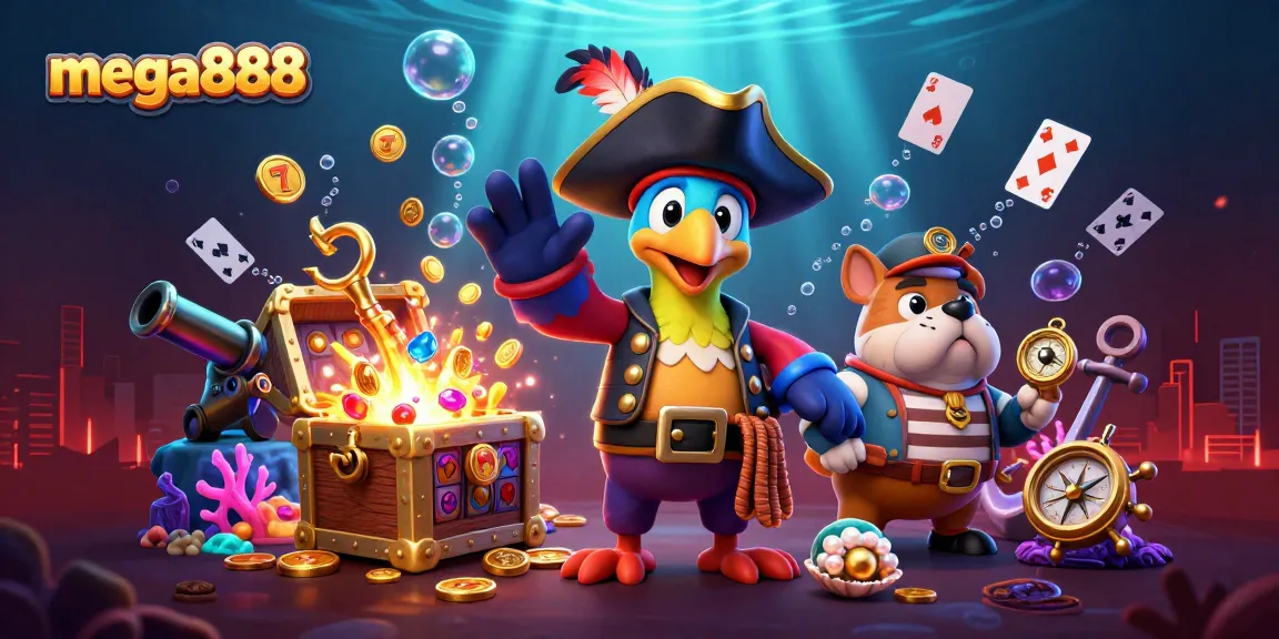 Experience the thrill of mega888 with vibrant characters in an exciting casino-themed underwater setting.