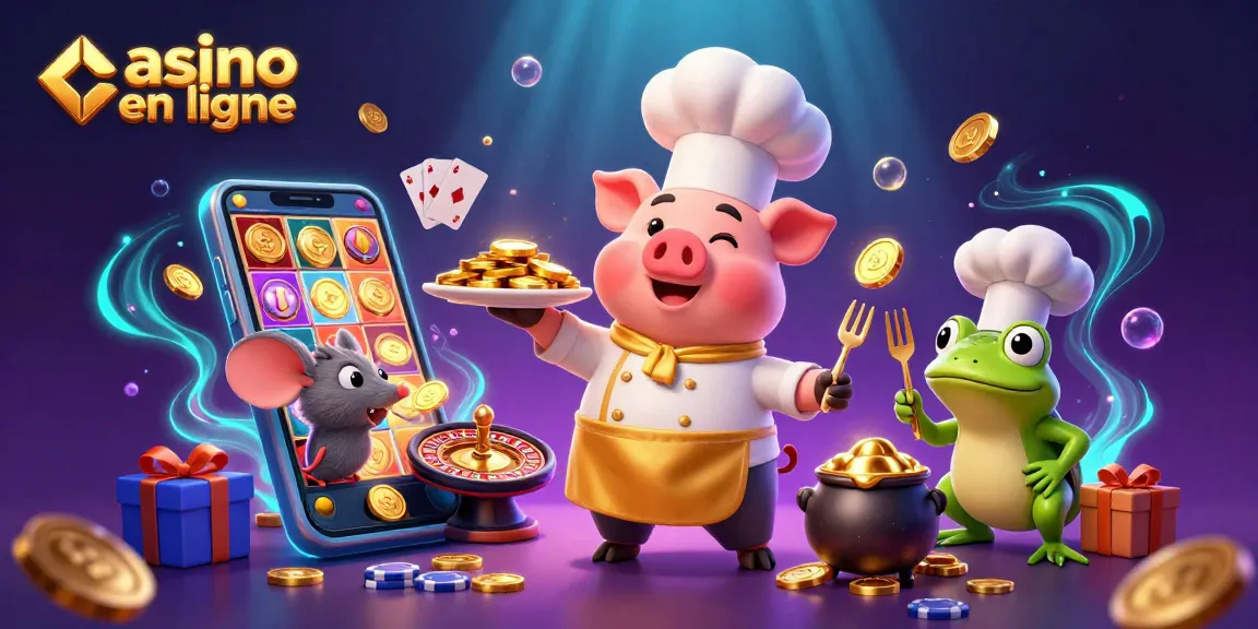 Illustration dynamique sur le thème du casino en ligne avec un chef cochon et des personnages amusants