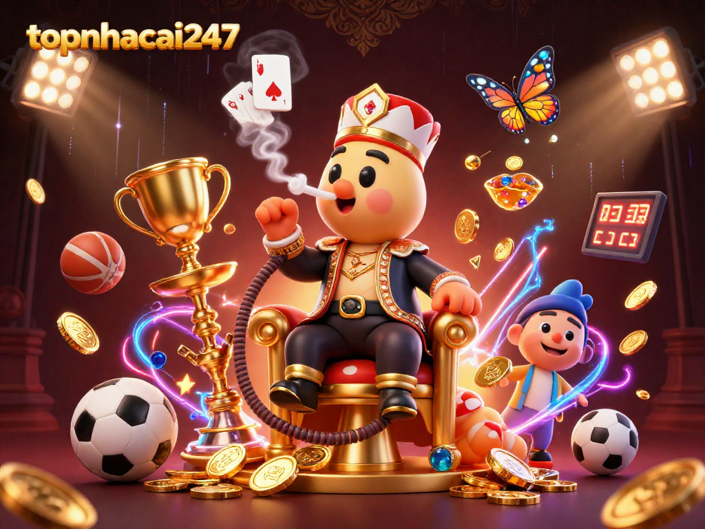 Engage in fun gameplay at topnhacai247 featuring a lively 3D illustration of a whimsical hookah-master and dynamic sports elements.