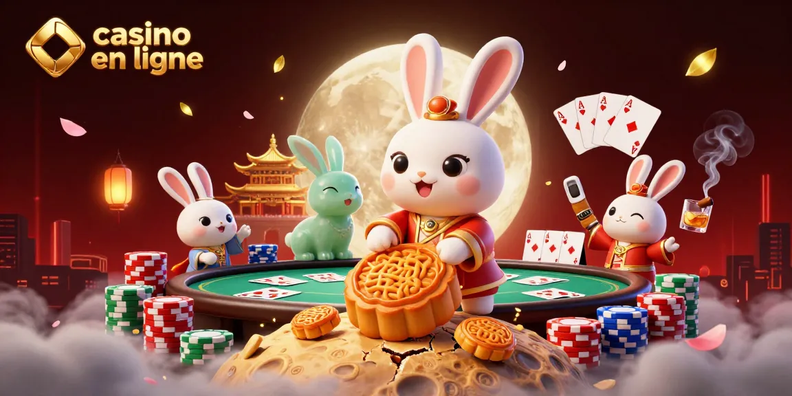 Action de jouer au casino en ligne avec un lapin lunaire et des jetons de poker scintillants.