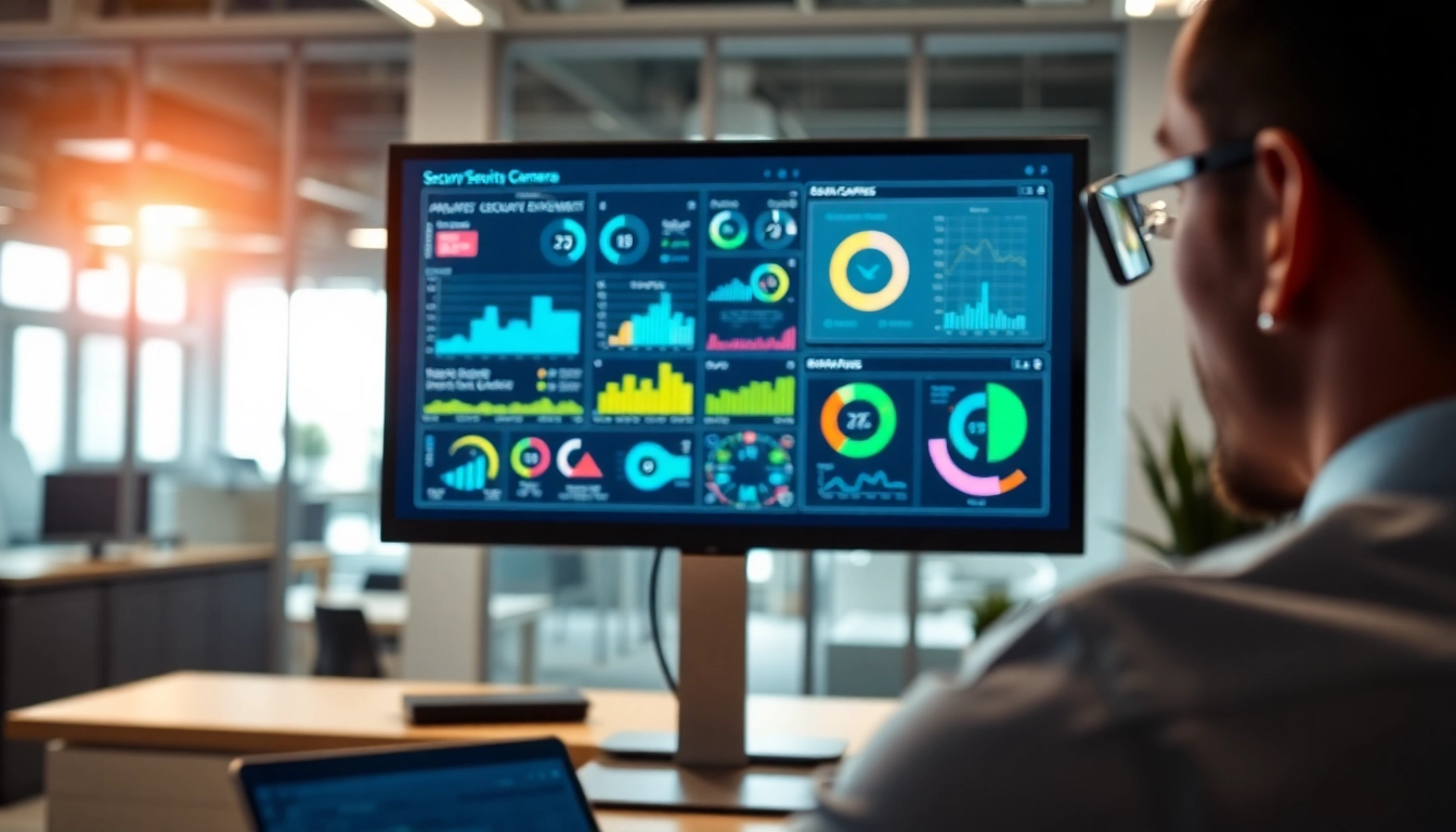 Utilizing security camera analytics dashboard to monitor real-time data insights in a modern office.