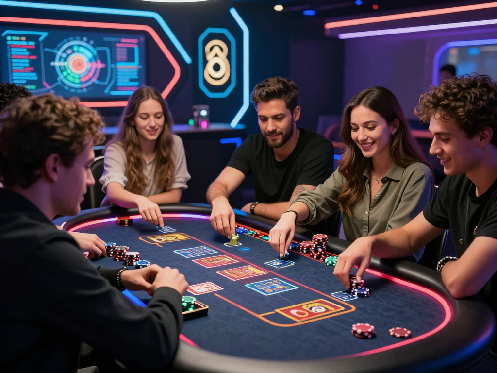 Crypto casino players enjoying an interactive gaming experience with stylish decor and vibrant digital displays.