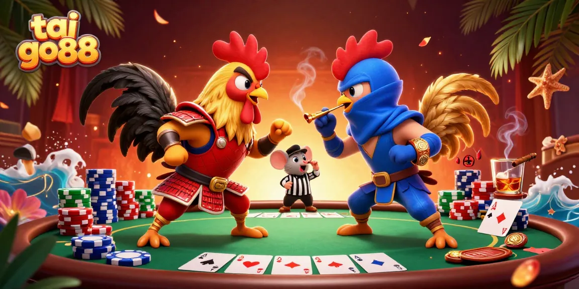 Experience the thrilling stand-off of tai go88 with dynamic cartoon roosters in a vibrant casino scene.