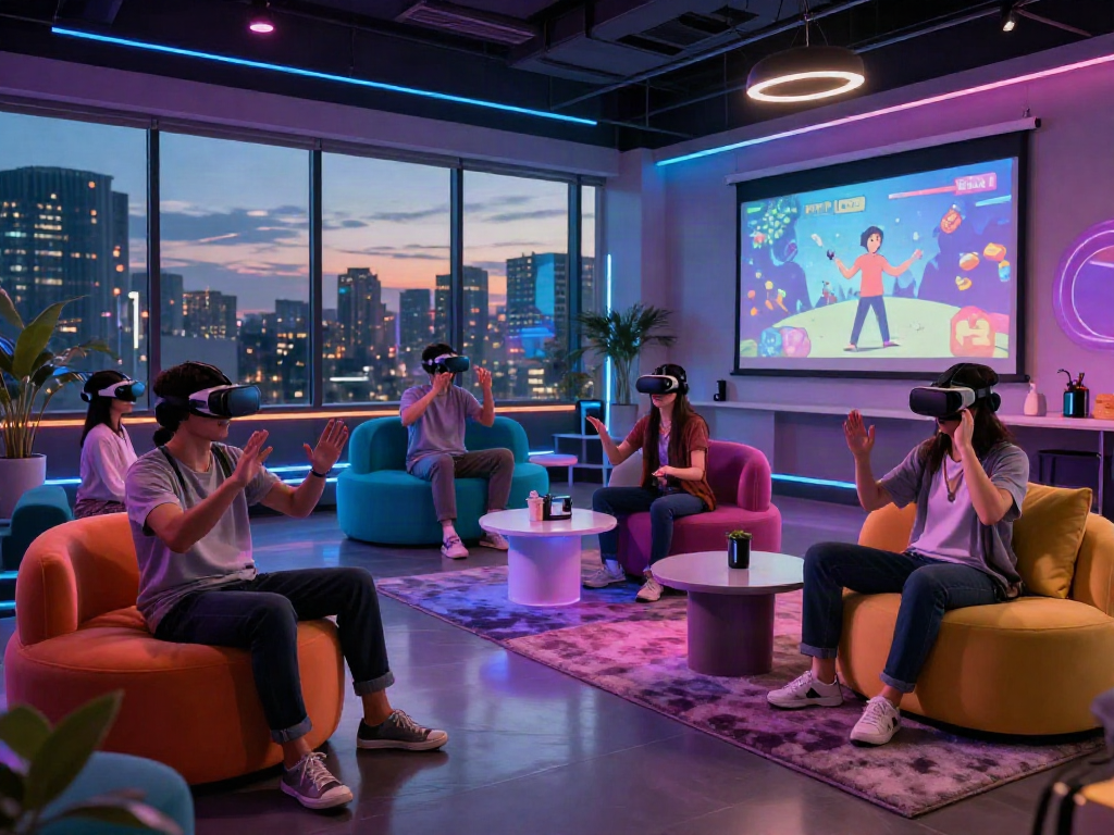 AI porn experience in a vibrant virtual reality lounge with diverse individuals exploring immersive environments.