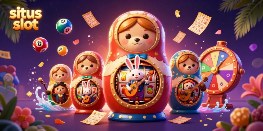 Permainan situs slot menggembirakan dengan karakter beruang Matryoshka dan banyak elemen kasino.