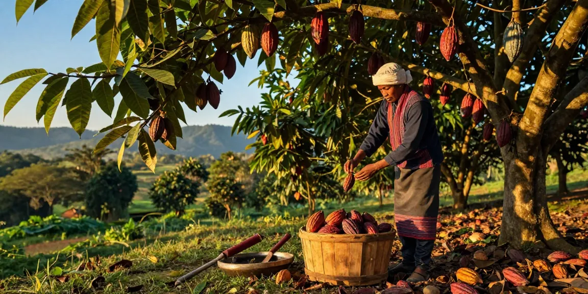 Farmer harvesting cacao pods in serene landscape with m98 focus.