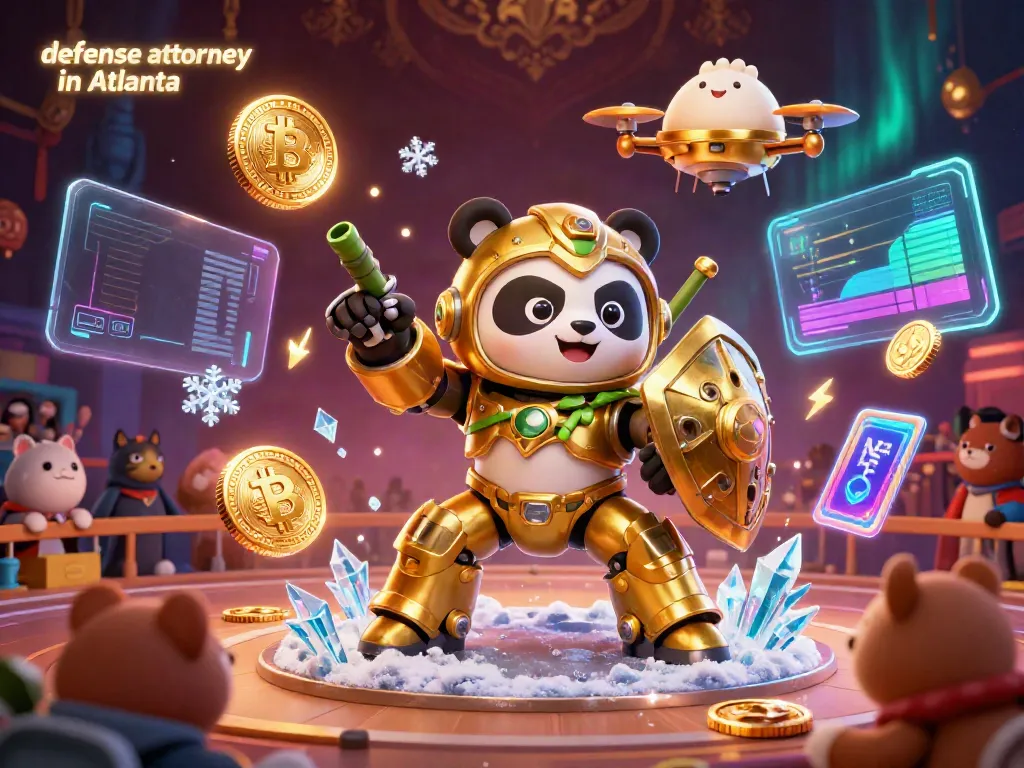 Engage with a vibrant battle scene featuring a mech-suit golden panda, showcasing the expertise of a defense attorney in Atlanta amid neon cryptocurrency elements.