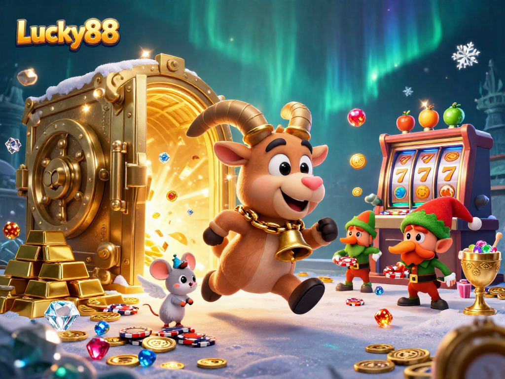 Engage in casino excitement at Lucky88, featuring a Krampus goat with festive characters.