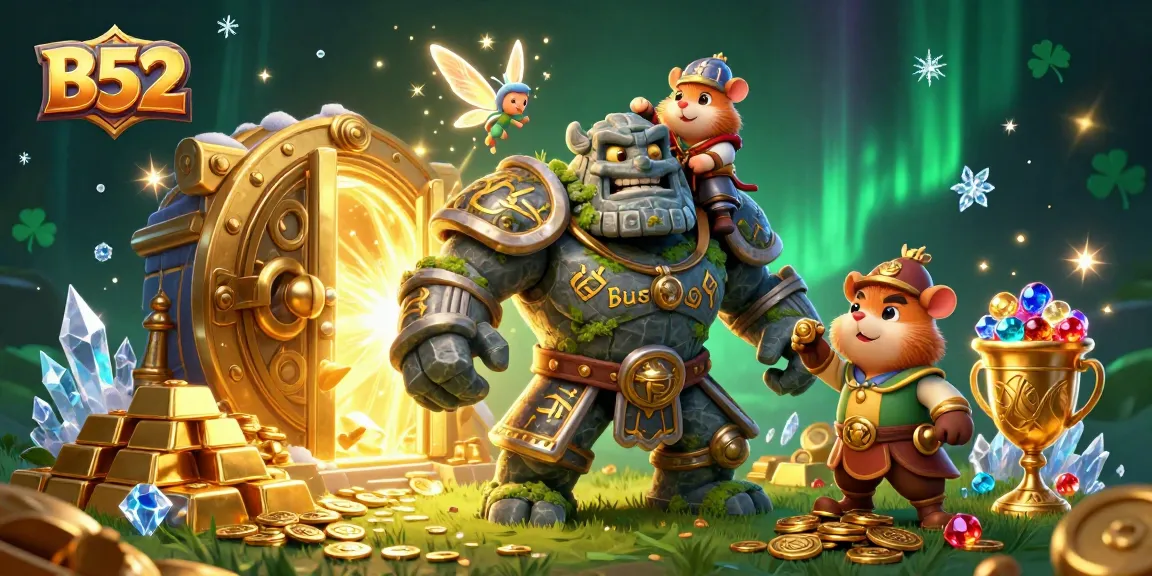 B52 captivates players with an enchanting golem and magical fairy, showcasing rich casino treasures.
