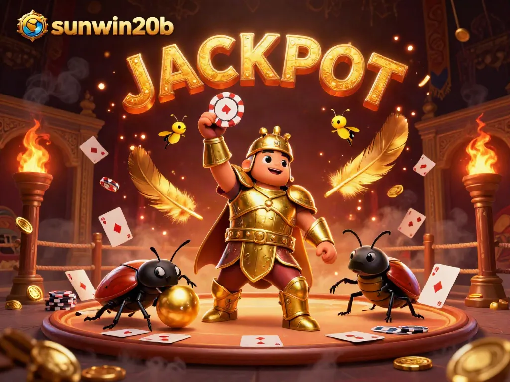 Sunwin20b showcases a triumphant beetle in golden armor with a jackpot display, surrounded by vibrant casino elements.