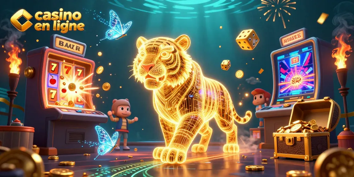 Illustration 3D dynamique mettant en scène un tigre lumineux dans un casino en ligne, entouré de machines à sous et de jetons.