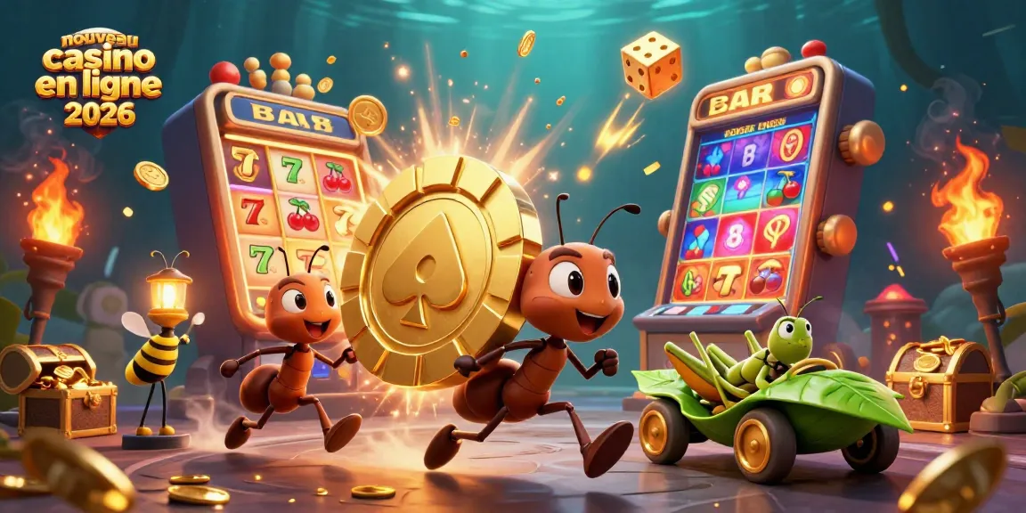 Scène dynamique de héros du casino en ligne 2026, des fourmis transportent un jeton de poker géant.