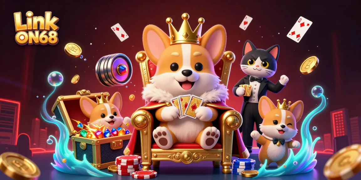 Spinning slot reels create excitement in the Link ON68 casino scene filled with vibrant characters.