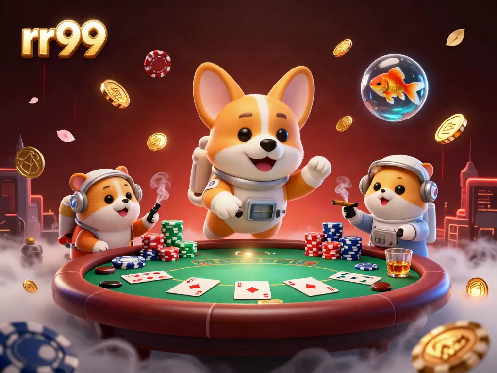 Experience the playful essence of rr99 in a dynamic casino scene with an astronaut corgi and whimsical characters.