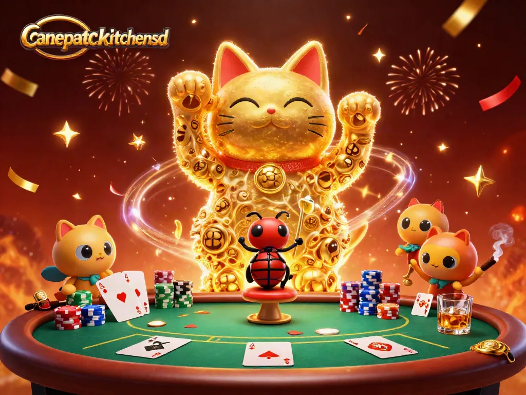 Canepatchkitchensd showcases a vibrant online casino scene with a lucky cat and dynamic poker elements.