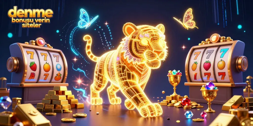 Engage with deneme bonusu veren siteler featuring a neon tiger amidst vibrant slot elements in a digital casino.