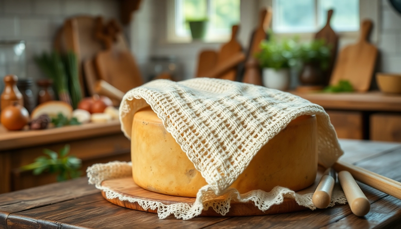 Kaasdoek met textuur gebruikt voor het maken van kaas in een rustieke keuken.