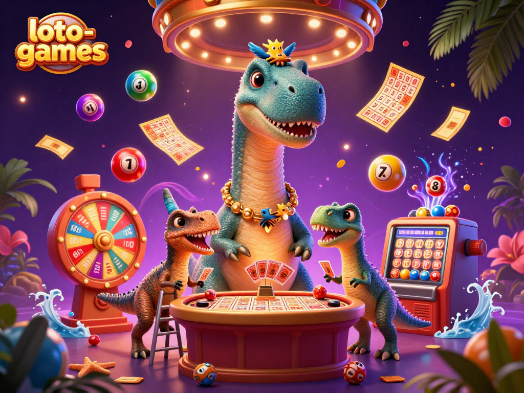 Loto-games ticketing scene with a brontosaurus and raptor at a lively lottery table, showcasing vibrant game elements.