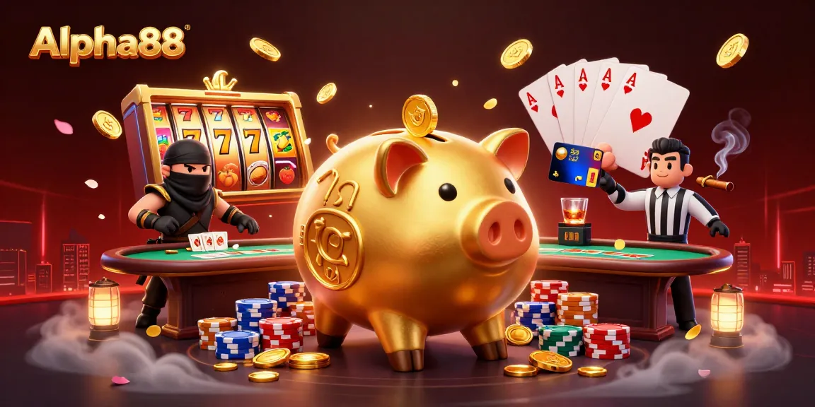 Experience the thrill of Alpha88 with a vibrant 3D scene featuring a golden piggy bank sumo wrestler surrounded by dynamic slot game elements.