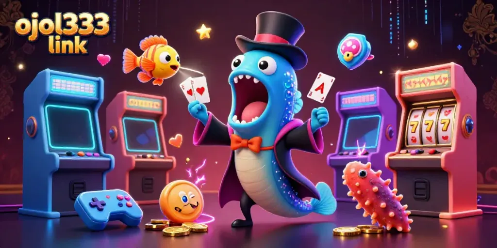 Engage with the ojol333 link in a vibrant 3D undersea casino scene featuring a gulper eel performing magic tricks.
