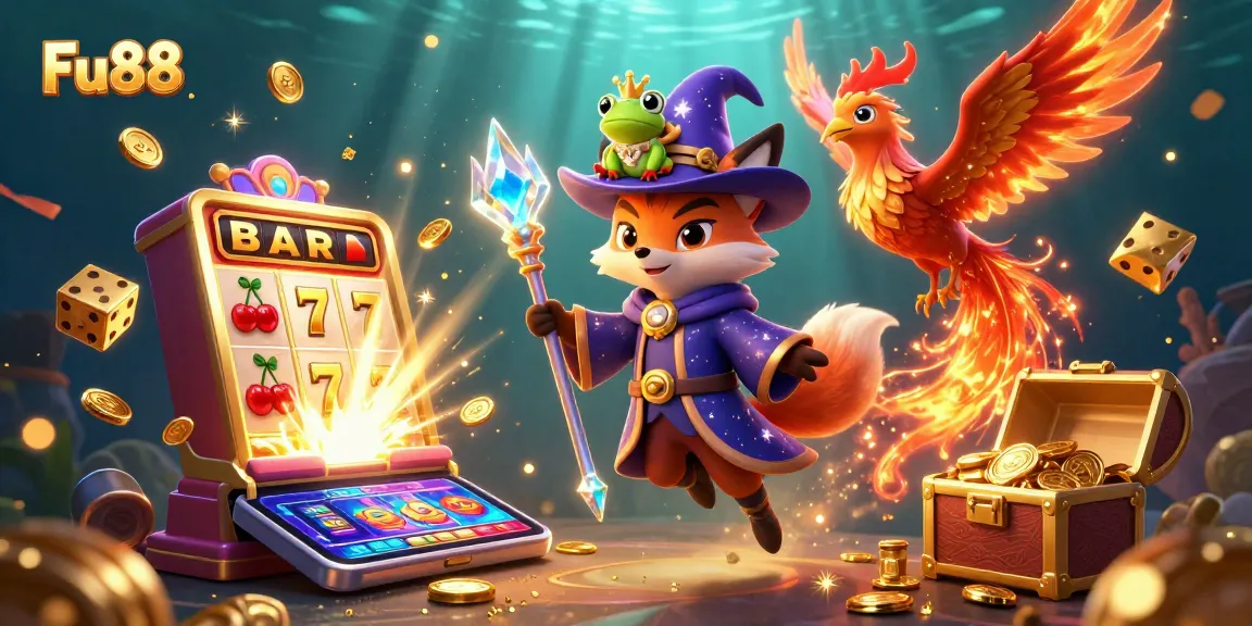 Play exciting games at Fu88, featuring a mystical wizard fox and a fiery phoenix amid vibrant casino elements.