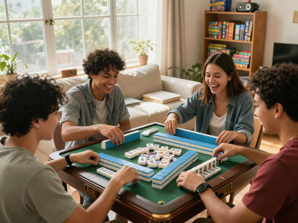 Friends enjoying a lively Mahjong game with Slot Gacor MAHJONGJP88 tiles in a bright living room.
