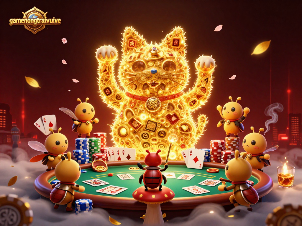 Engage with gamenongtraivuive's vibrant casino scene featuring a lucky cat surrounded by poker elements.
