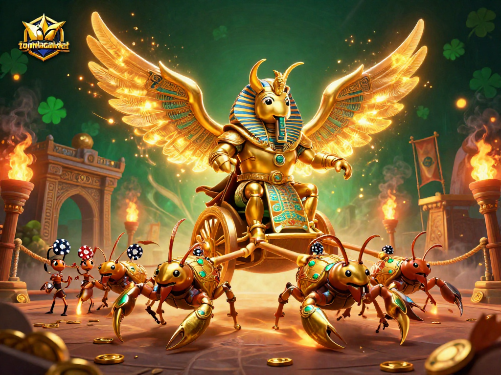 Experience thrilling gambling fun with topnhacaiviet in a vibrant 3D illustration featuring a colossal scarab beetle chariot scene.