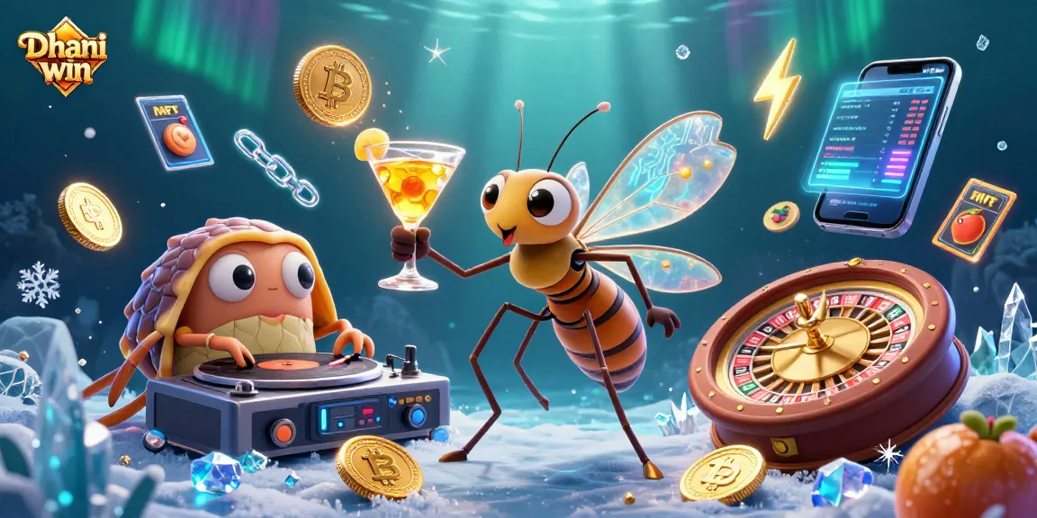 Dhani win showcases an exciting casino scene with a mosquito mascot, while coins and slot reels energize the atmosphere.